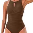 Tempt Me Women Brown One Piece Swimsuits Tummy Control Bathing Suits High Neck Cutout Twist Front Swimwear XL Brown