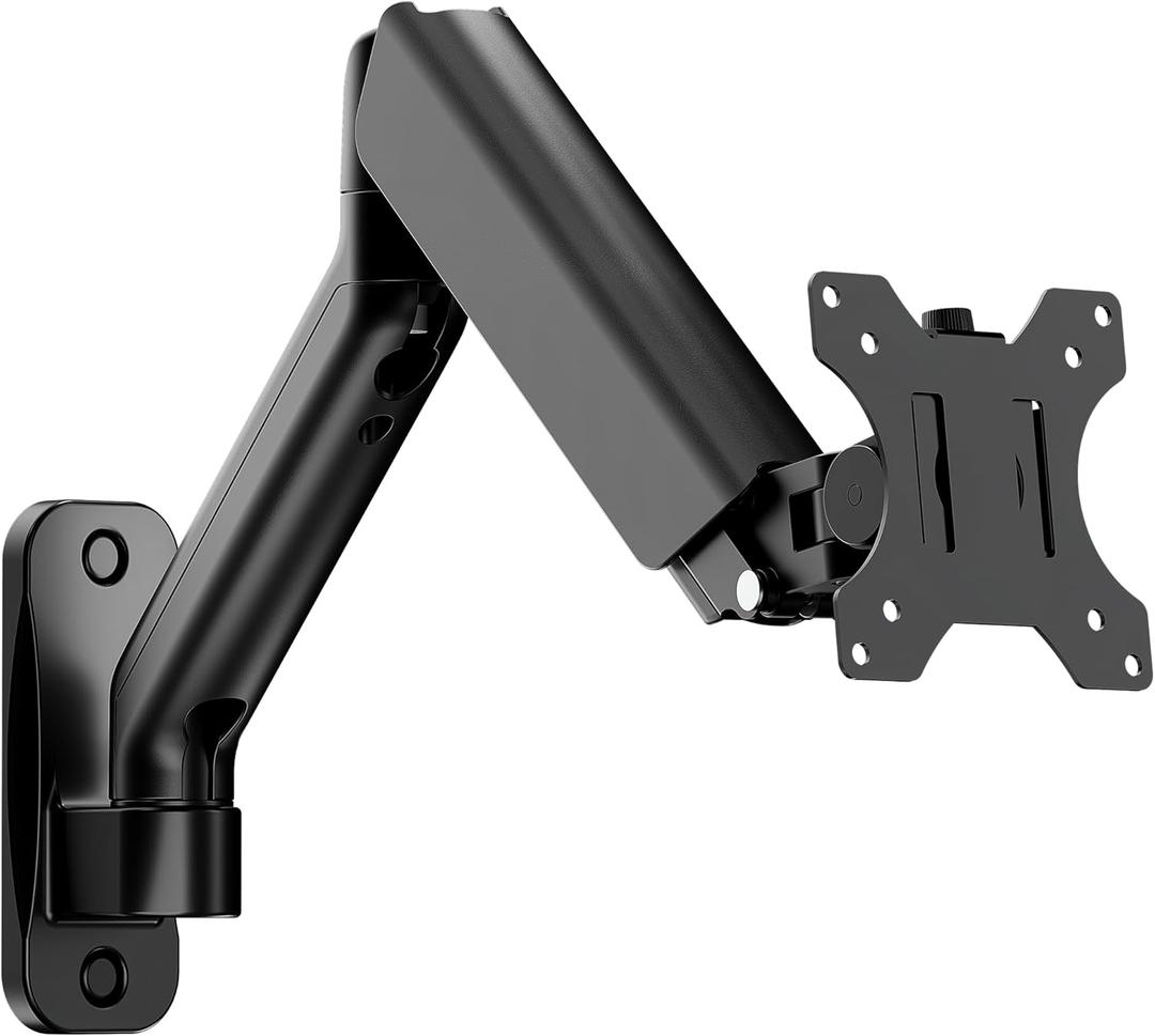 MonTEK Single Monitor Wall Mount for 17 to 32 inch Flat/Curved Screens, Holds to 19.8 lbs, Full Motion Adjustable Mechanical Spring Monitor Arm, 75x75/100x100 VESA Wall Mount, Black