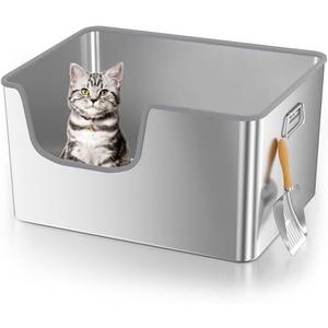 Upgraded XXL Stainless Steel Litter Box with High Sides,Jumbo Metal Litter Box for Big Cats Maine Coon,One-Piece Deep Stainless Steel Litter Boxes with Tall Sides,Anti-Leakage,Non-Sticky,Easy Clean