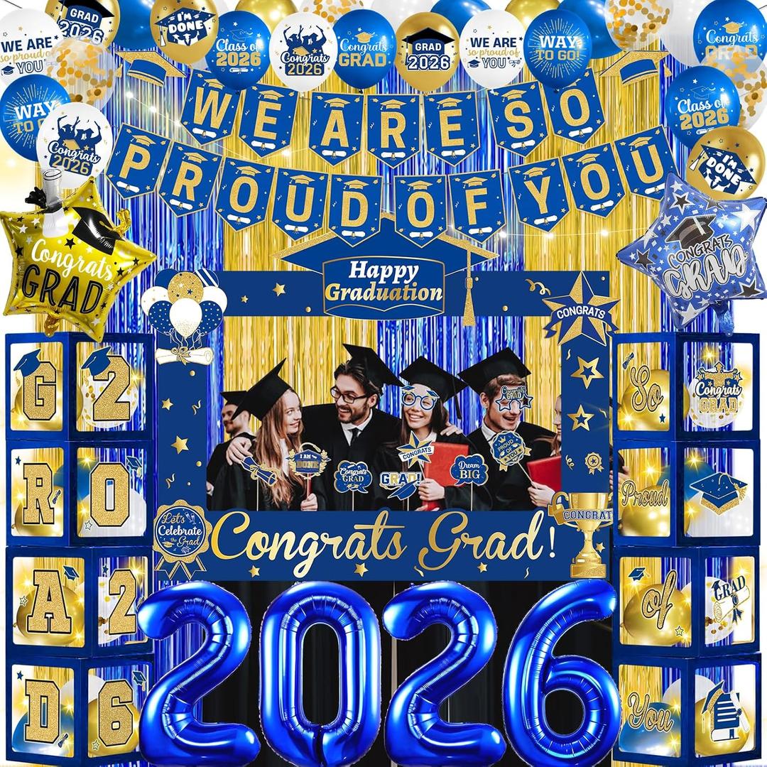 Blue and Gold Graduation Decorations 2026 With Light Balloon Boxes With Letters We Are So Proud Of You Banner Graduation Decorations Gold and Blue Class Of 2026 Decorations