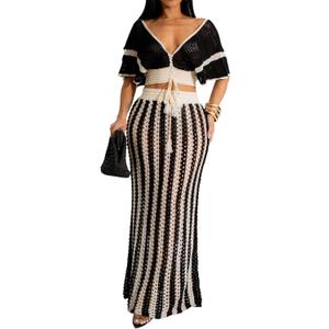 Angsuttc Skirt Sets Women 2 Piece Outfits Crochet Crop Tops and Striped Maxi Skirt Vacation Outfit (Medium, Black)