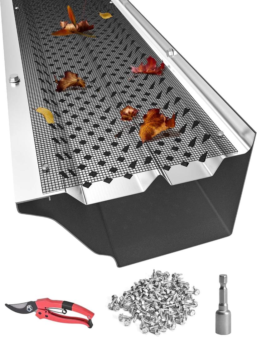 Gutter Guards 6inch, Aluminum Gutter Covers with Stainless Steel Mesh, DIY 16 PCS 54FT Double Protection Leaf Filter Gutter Guards with Screws Included, Fits Any Roof or Gutter Type (Mill Finish mesh)