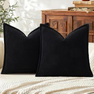 Mecatny Corduroy Throw Pillow Covers 18x18 Set of 2, Neutral Decorative Soft Boho Couch Pillow Covers with Broadside for Sofa Living Room, Black