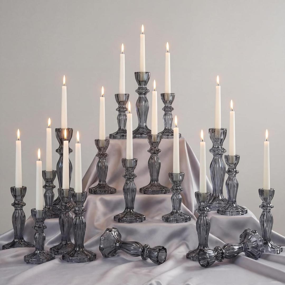 12 Pack Glass Candlestick Holders Set 4.3/6.1'' Taper Stripe Candle Holder Bulk Floral Shape Crystal Decorative Candle Stand Centerpiece for Table Wedding Dining (Black)