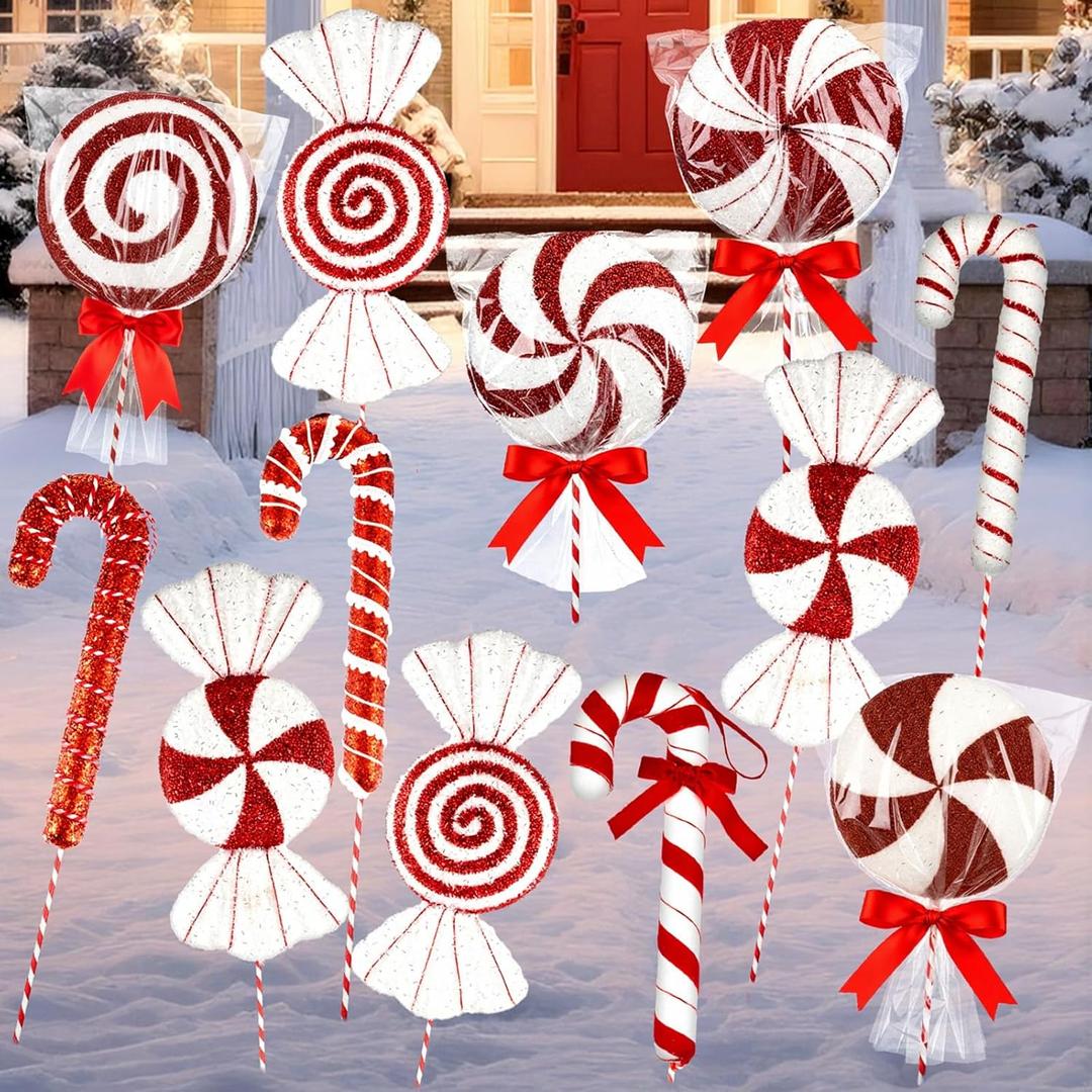 12pcs 19.69'' Large Candy Christmas Decorations 3D Lollipop Candy Cane Yard Signs with Stakes Xmas Porch Decor Outdoor Indoor Peppermint Candys Ornament for Pathway Christmas Tree Home Decor