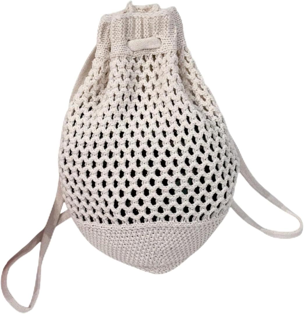 ENBEI Small Crochet drawstring Backpack Handmade crochet Purse for Beach,Travel, Beach Bag for Women,Lightweight Mesh Bag(white)