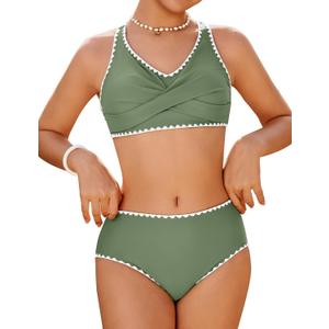 HOZIY Girls Swimsuit Teen Crisscross Tie Back Bikini Sets Two Piece Bathing Suit Kids Swimwear (13-14 Years, Green), 60 - 62 Height (in)