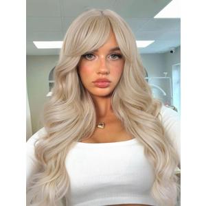 WIGER Long Layered Curly Wig With Bangs, Blonde Hair With Beige Ends, Synthetic Blonde Wigs Alice Wig for Women Cosplay or Daily Use