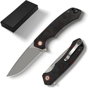 Pocket Folding Knife (EDC) - 3.27" D2 Steel Blade, Carbon Fiber Handle, Stone Washed Finish - With Pocket Clip & Lanyard Hole, Suitable for Men & Women, Ideal for Camping, Survival Adventures, and Hiking (Black & Red)