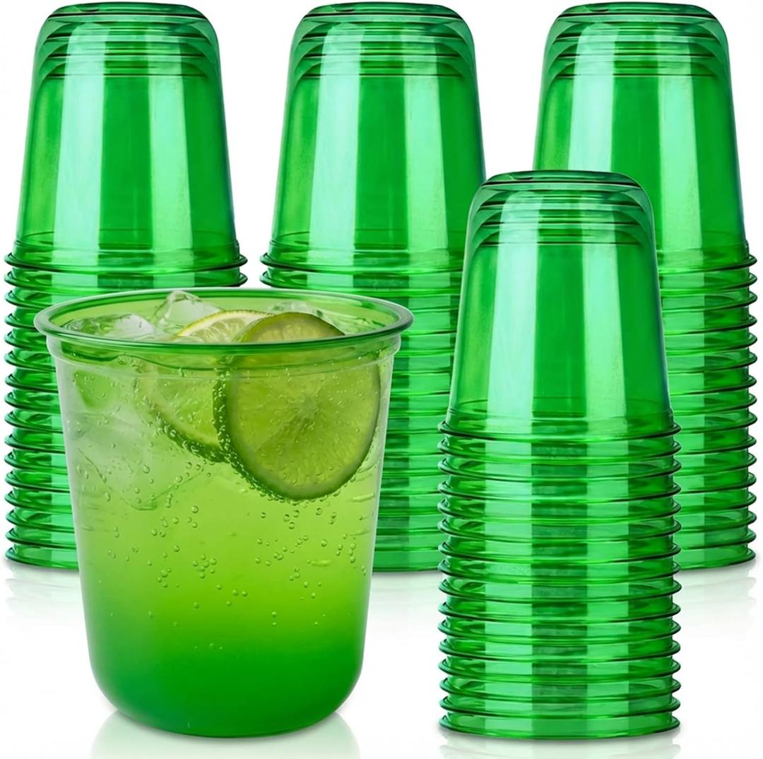 50pcs 12oz Disposable Stemless Glasses,PET Disposable Drinking Cups,Cold Party Clear Plastic Wine Glasses for Parties Birthday,Wedding,Meeting,Christmas Party Supplies. (Green)
