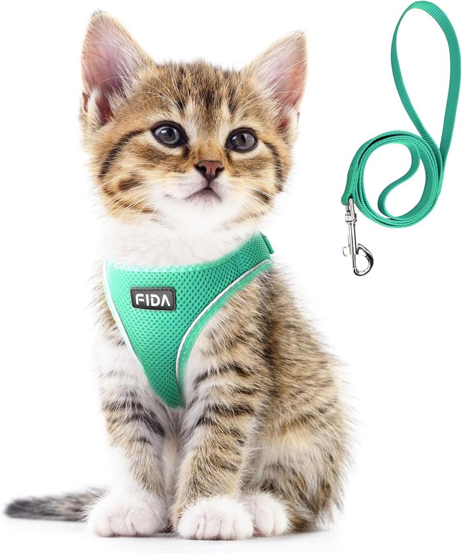Fida Cat Harness and Leash Set for Walking Kitten and Puppy, Escape Proof Kitten Harness with Breathable Lightweight Soft Mesh, Adjustable Reflective Step-in Design. (S, Green) (S (Neck:12.6"-13.8"; Girth:16.1"-17.7"))