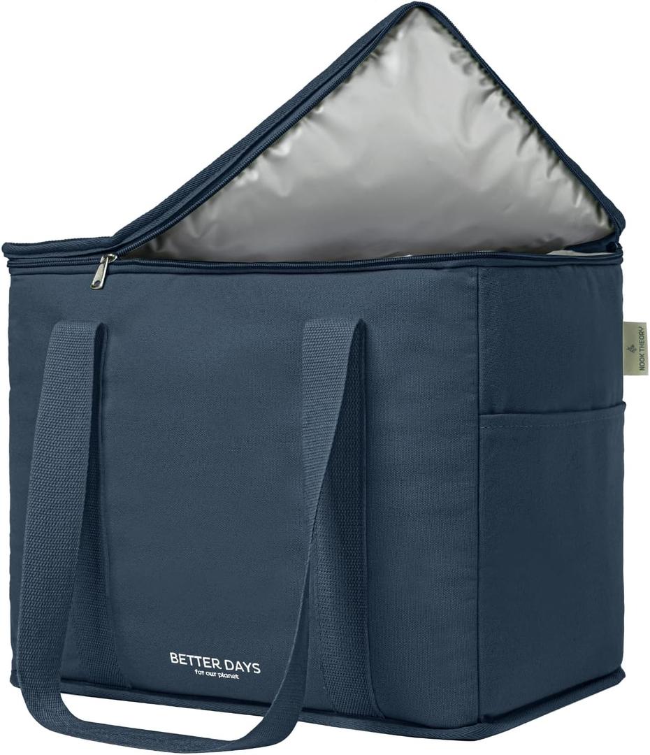 Nook Theory Reusable Insulated Grocery Bag - Leak Proof, X Large Insulated Cooler Bag - Insulated Shopping Bags for Groceries - Travel Cooler Bag for Frozen and Hot Food with Zippered Top (Deep Blue)