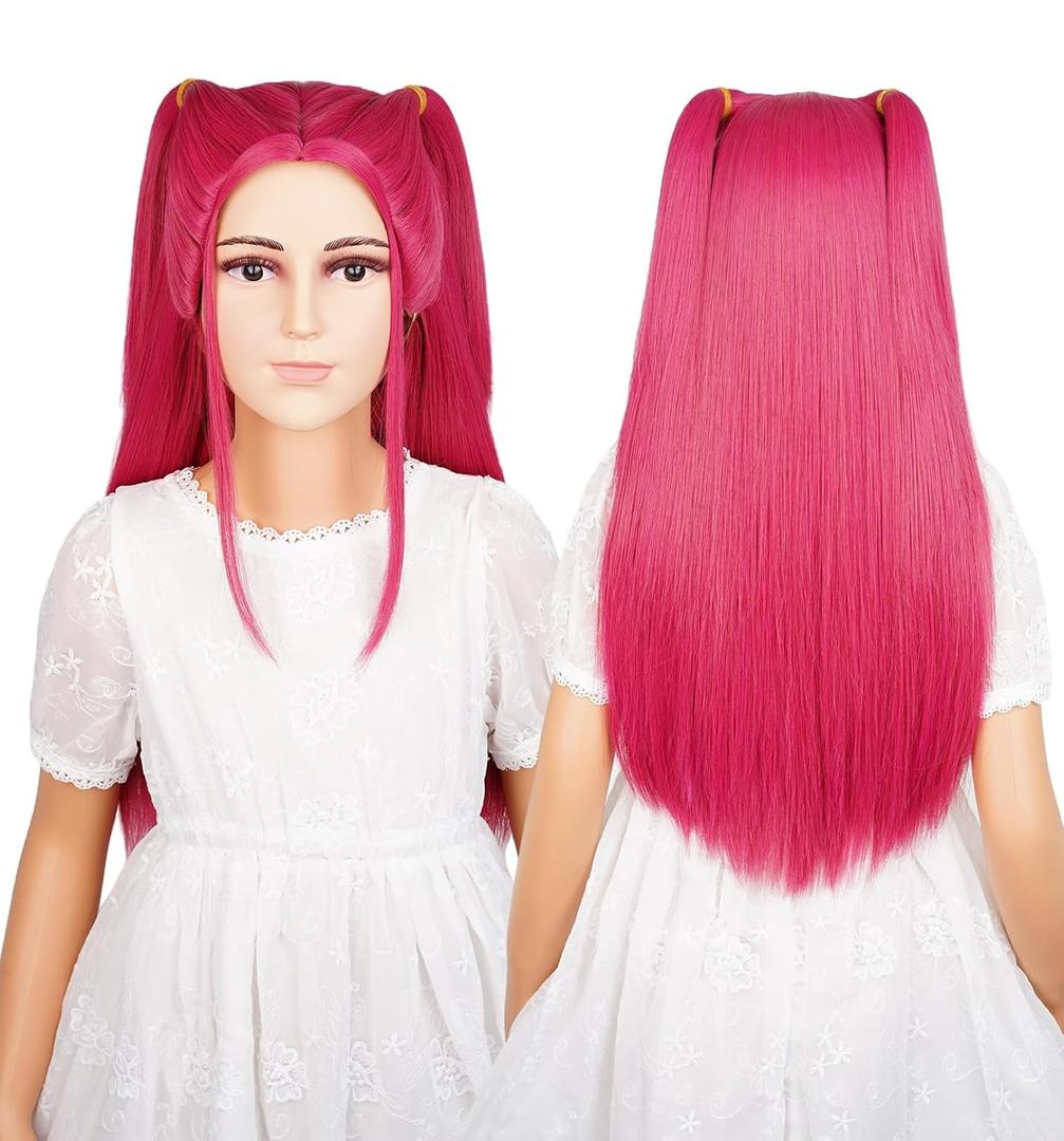 LABEAUT Long Pink Braids Cosplay Wig with Yellow Bow Hairpin for Girls Anime Braided Hair for Csm Halloween Party Hair + Cap (Long Rose Red Cosplay Wig)