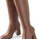 Ankis Knee High Boots for Women Squared Toe Chunky High Heel with Side Zipper Long Boots (8, Brown Pu)