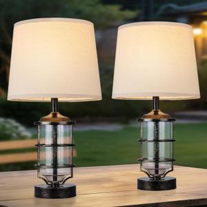 Outdoor Table Lamps Set of 2, Farmhouse Lamps for Patio Table Decor with Cord, Rustic Table Lights with Seeded Glass, 23.5" Plug-in Outdoor Lamps for Patio Waterproof (Antique Copper)
