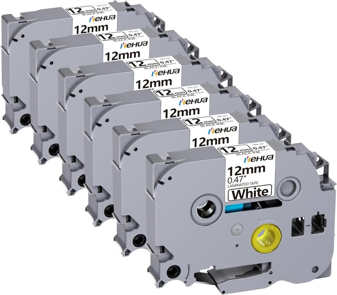 Hehua TZc-231 Label Maker Tape 12mm 0.47 White Compatible for Brother P Touch Label Tape 1/2", Tze Tz Tape 12mm 0.47 Laminated White Compatible for Brother Ptouch PTD210 D220 D400 D410 D600, 6 Pack