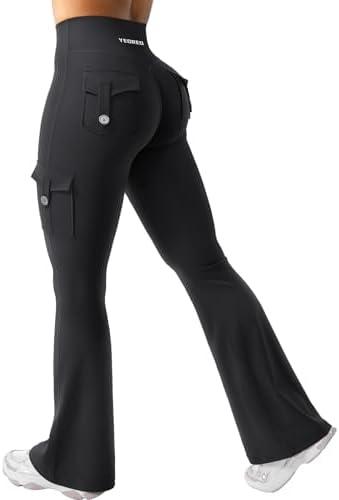 YEOREO CoreFlex Women Workout Flare Leggings with Pockets Hidden Scrunch High Waisted Cargo Gym Yoga No Front Seam Leggings, Size L