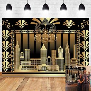 7x5ft The Great Gatsby Photography Backdrop Roaring 20's 20s Themed Backdrop Vintage Dance Black Gold Art Event Decoration Birthday Wedding Party Decoration Photo Background Booth Banner Supplies