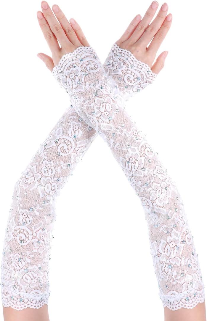 Lace Arm Sleeves for Women, Rhinestone Fingerless White Lace Sleeves to Cover Arms for Women, Wedding Tea Party Pattern Engagement Dress