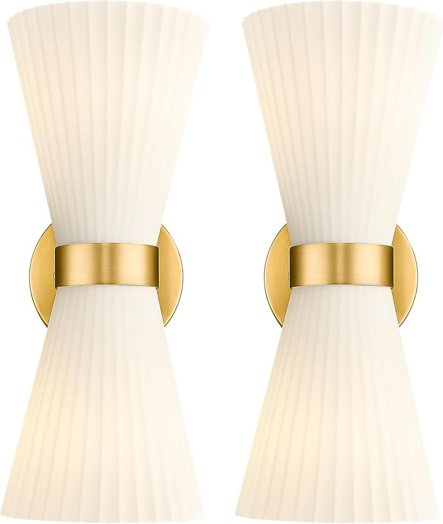 Modern Wall Sconce Set of 2, HWH 2-Light Up Down Wall Light Indoor Vanity Wall Lamp, Brushed Gold Bathroom Vanity Sconce Frosted White Striped Glass Shade, 5HZG97B-2W-2PK BG