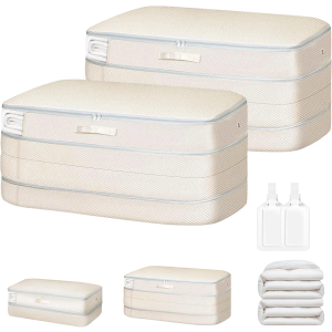 Comforter Storage Bag - Large Capacity Bedding Storage Bags Ultra Space Saving Self Compression Organizer, Washable Compression Bags for Storage Comforter Blanket Duvet Pillow, 2-Pack, Beige