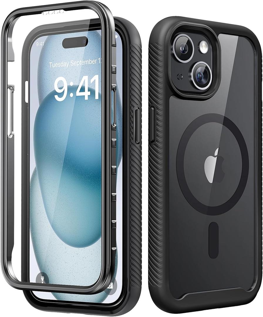 Magnetic for iPhone 15 Case with Built-in Sensitive Screen Protector, Full-Body Dual Front & Back Protective Phone Case [Compatible with MagSafe] Drop Proof 15 Cover 6.1 Inch, Black
