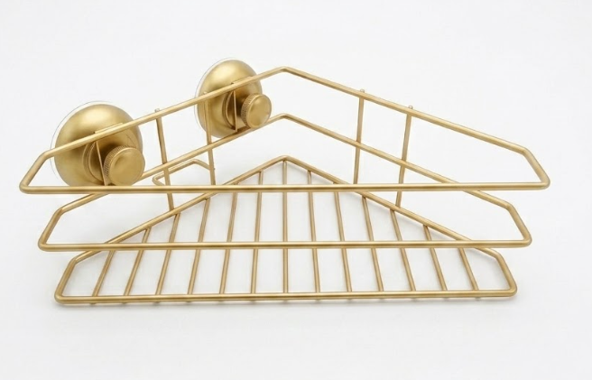 Splash Home Corner Basket with Suction Cups, Gold ( 3.3"H x  8.6"W x 10"L)