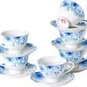 Porcelain Tea Cup and Saucer Set of 6 (12-Piece) - 6oz Cups with Classic Blue Floral Pattern for Tea Party, Dishwasher & Microwave Safe