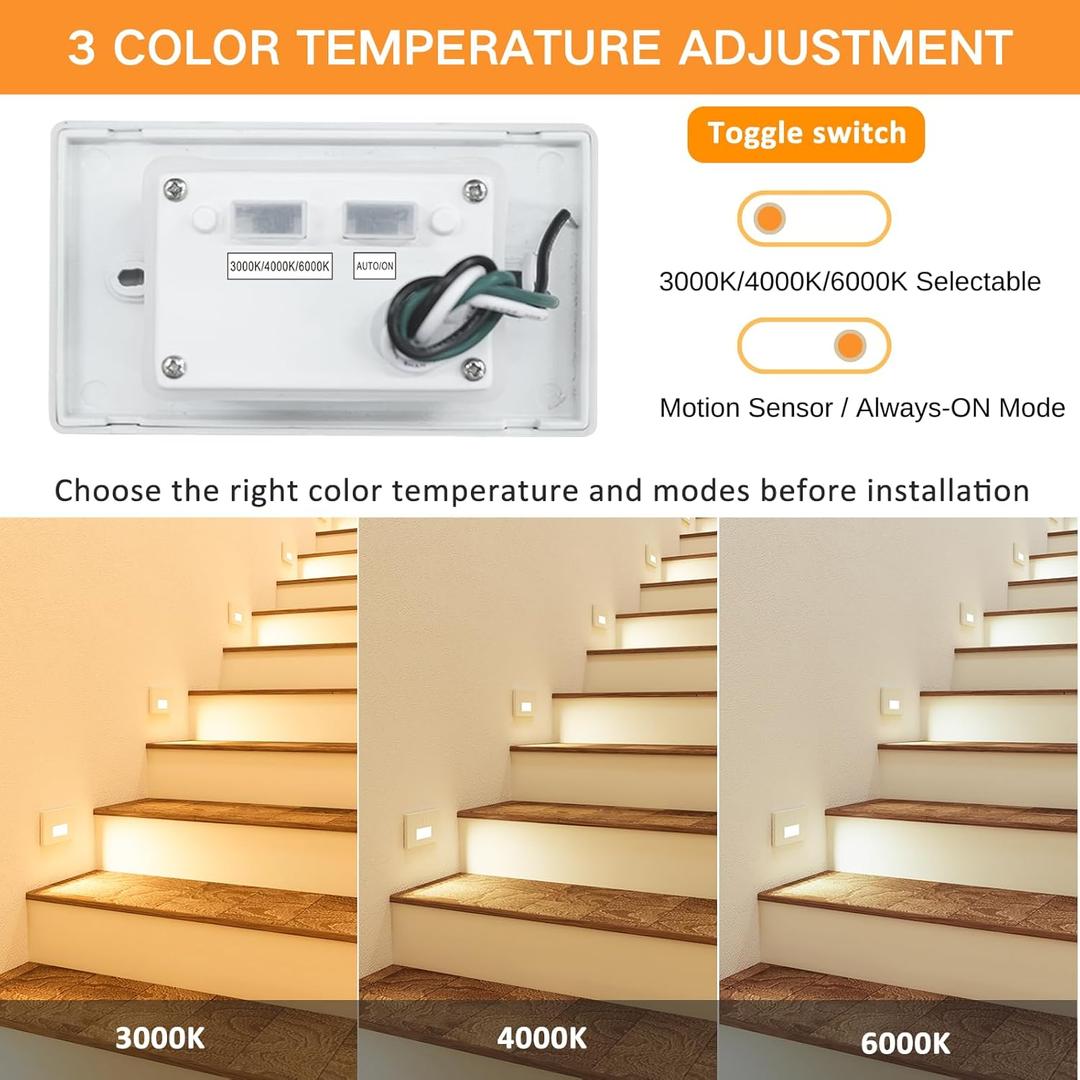 Raxjov 3 Pack Motion Sensor LED Step Lights, 3 Color Stepless Dimmable 120V Hardwired Stair Lights Indoor Outdoor, 3000K/4000K/6000K 3.5W 150LM IP65 Waterproof Staircase Lamp, Aluminum, ETL, White