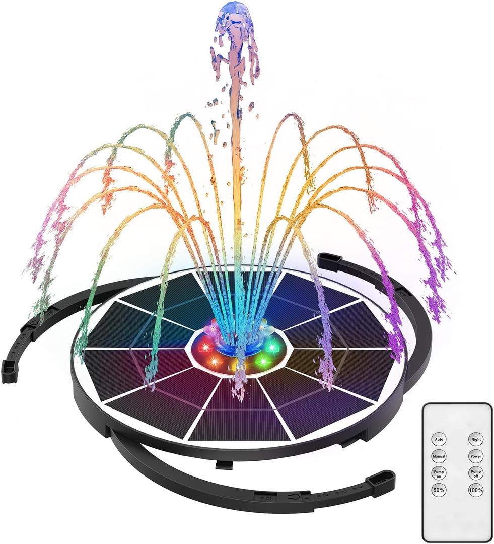 AISITIN 5.5W Solar Fountain Bird Bath with LED Colorful Lights & 3000mAh Battery, Remote Control Solar Pump for Fountain with 8 Nozzles, Solar Water Pump for Garden, Pond and Outdoor