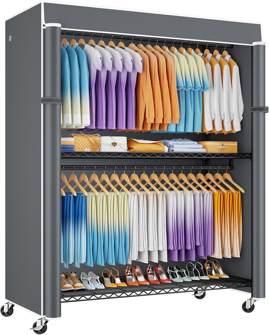 ULIFHOME P8C Max Heavy Duty Clothes RackWith Extended Width Design Rolling Clothing Racks for Hanging Clothes with Lockable Wheels51.2" W x 15.8" D x 80.5" HLoad 700LBSBlack Rack with Grey Cover