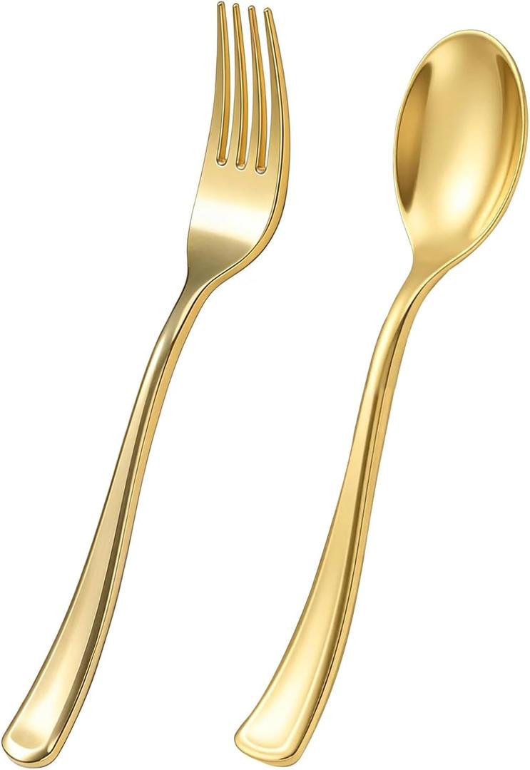 Goodluck 100 PCS Gold Plastic Silverware, Heavy Duty Plastic Cutlery Includes 50 Forks and 50 Spoons, Elegant Disposable Utensils, Durable Flatware for Parties, Weddings Catering and Dinners