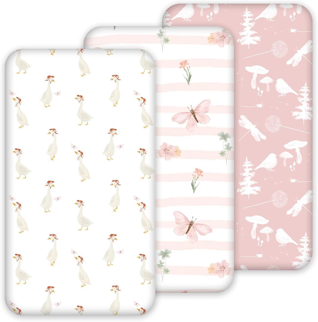 Nap Mat Sheet 47"x24", 3 Pack Pink Floral Baby Crib Sheets Fitted Elastic Corners, Preschool Day Care Rest Mat Cover, Soft Breathable - Compatible with Regalo My Cot, Joovy Travel Cot