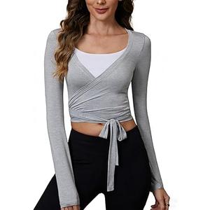 Women's Pilates Wrap Tops V-Neck Cross Tie Long Sleeve Shirt for Ballet Dance Yoga Workout, XS, Solid-Grey