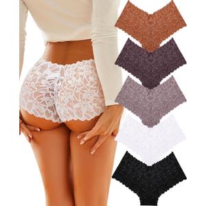 Sexy Underwear Panties for Women Cheeky V Waist Lace Boyshorts Plus Size Underwear Women 5 Pack (Medium, 5 Pack-black*1 White*1 Mocca Grey*1 Brick Yellow*1khaki*1)