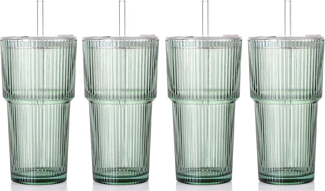 4PCS Green Ribbed Glass Cups with Lids and Straws, 20oz Vintage Drinking Glasses, Aesthetic Iced Coffee Cups, Glass Tumbler for Boba, Beer, Tea, Cocktails, Green Ribbed Glassware Set
