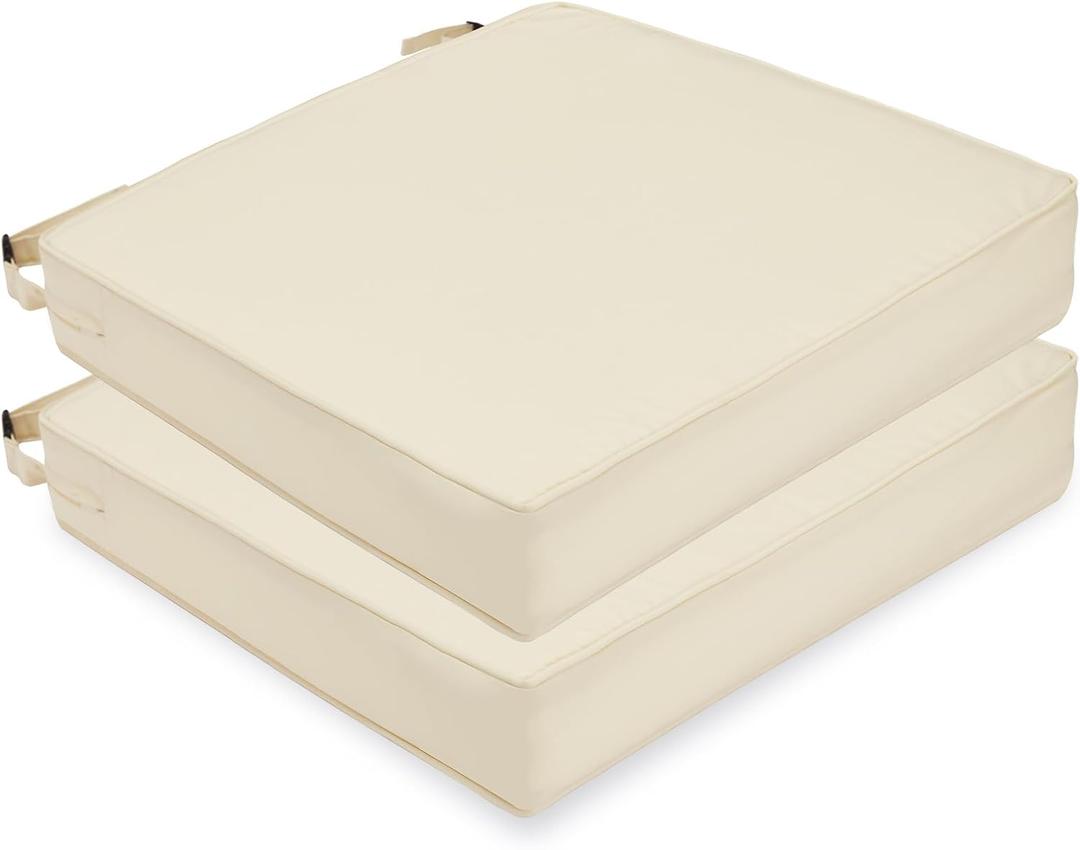 Color Fastness & Waterproof Outdoor Patio Chair Cushions Set of 2, 22 x 22 x 3 Inch Outdoor Seat Cushions for Patio Furniture, Chair Pads with Adjustable Straps (Beige)