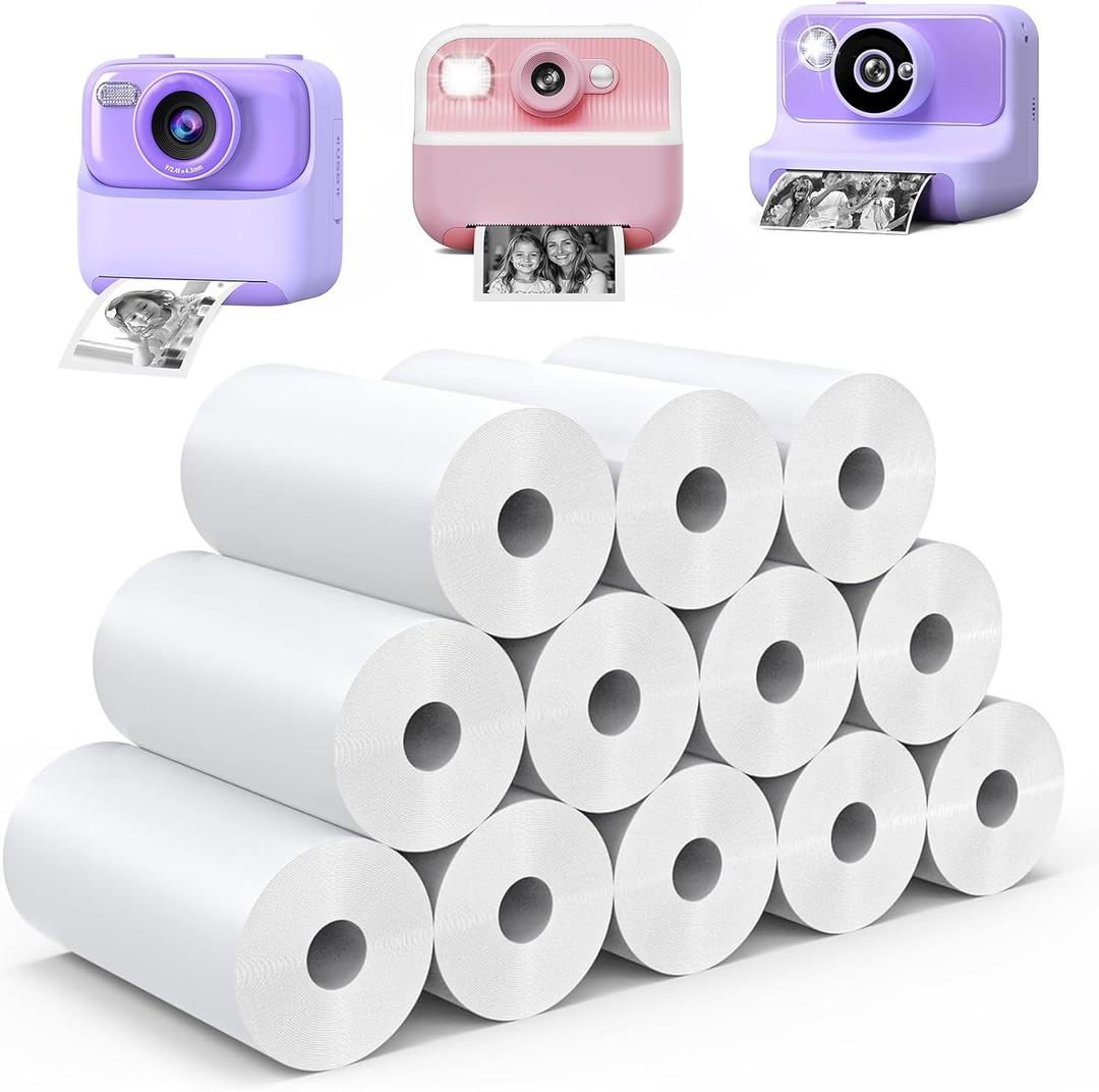 12 Rolls Kids Camera Paper Roll Refill, QIIYNTE Thermal Paper for Kids Camera Instant Print Photo HD Printing for Most Instant Print Camera for Kids and Mini Sticker Printer Machine, White (White-Non-Adhesive)