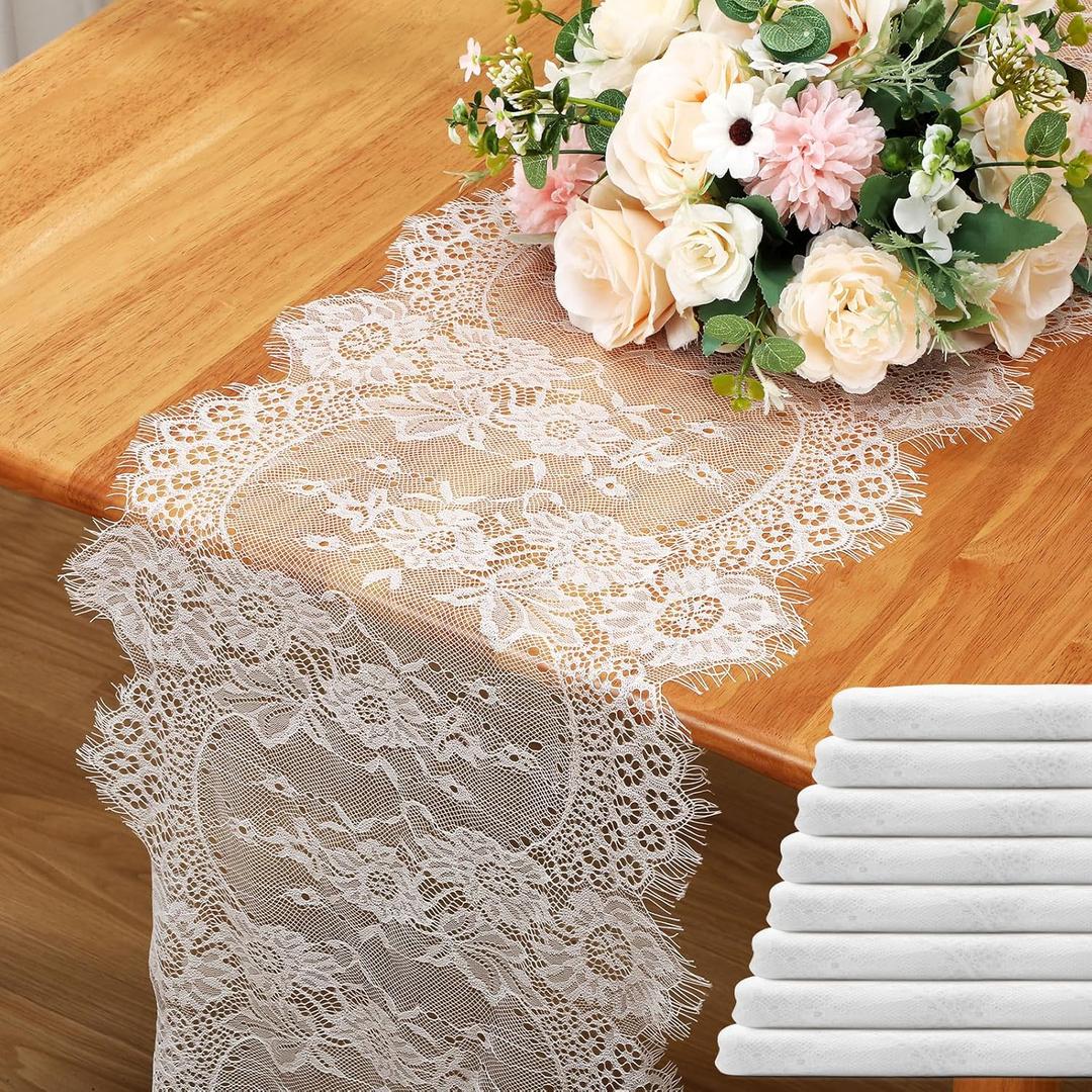 Coume 8 Pack Lace Table Runner 14 x 120 Inch White Rustic Lace Fabric Table Runners with Rose Embroidered Floral for Wedding Bridal Vintage Boho Thanksgiving Christmas Party Decoration