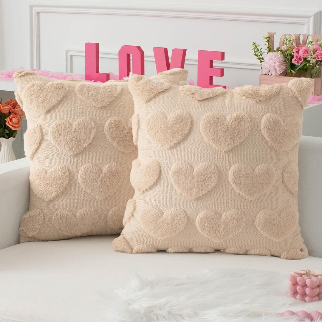 Kevin Textile Heart Love Cute Decorative Throw Pillow Covers 18x18 Inch Set of 2 Soft Faux Fur Pillow Covers for Valentine's Day Gifts Fluffy Plush Pillow Case for Couch Cushion Livingroom Beige