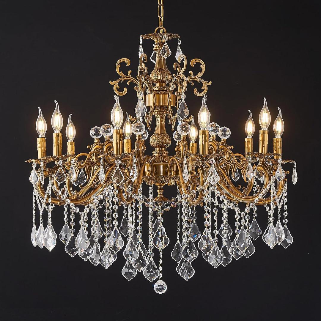 10 Light Classic Traditional Candle-Style Crystal Chandeliers for Dining Room Living Room Bedroom entryway Antique Gold Finish