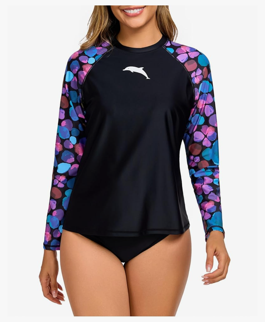 Halcurt Womens Long Sleeve Rash Guard Swim Top with Built in Bra UPF50+ Sun Protection Swim Shirts Quick Dry Swimsuit, Size 2XL