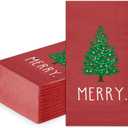 WRAPAHOLIC 50Pcs Christmas Paper Napkins - 3 Ply Merry Xmas Tree Pattern Guest Disposable Hand Towels for Bathroom, Christmas, Holiday, Party Celebration - 4.3 x 7.9 In