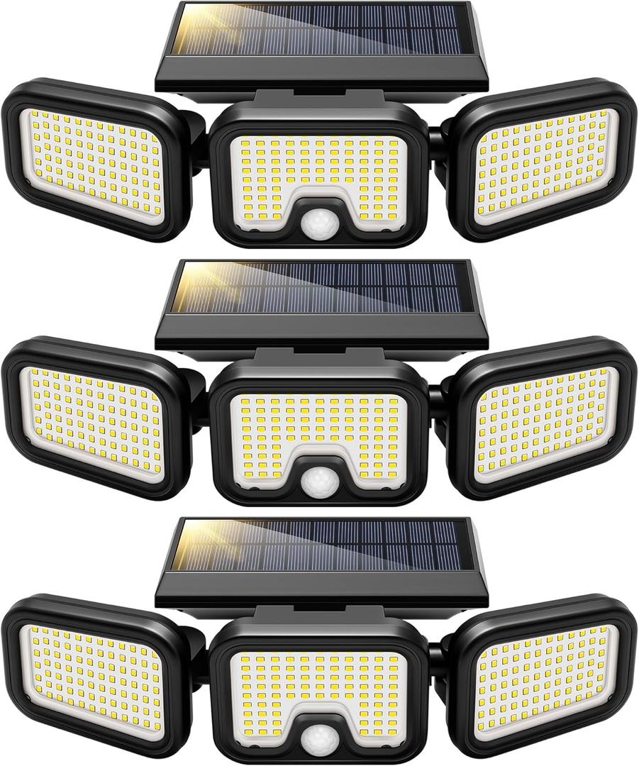 VIVOHOME Solar Flood Lights Outdoor, 256 LED 2500LM Motion Sensor Lights, 3 Adjustable Heads Security Lights, IP65 Waterproof, 270 Wide Lighting Angle Solar Powered Lights for Porch, Yard, Pack of 3 
