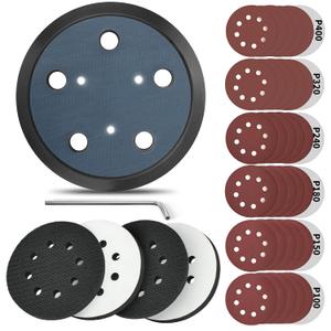 5 Inch 5 Holes Hook Loop Orbital Sander Metal Pad Replacement for Porter Cable 332 333VS 334 Random Sander with 4 PCS Foam & 36 PCS Sanding Discs 100 150 180 240 320 400 Grits