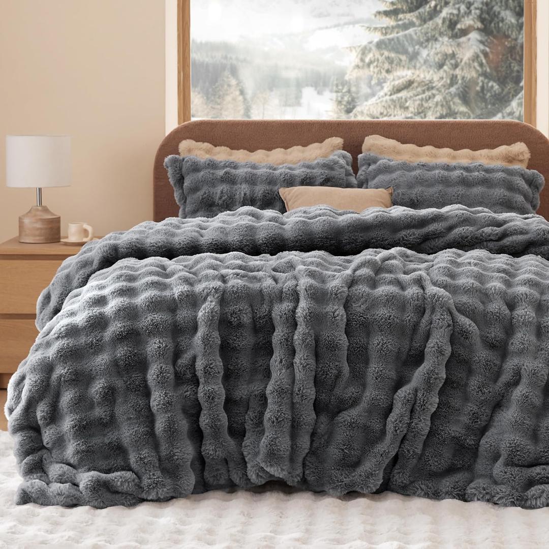 Bedsure Luxurious Faux Fur Duvet Cover King Size Set - Ultra Soft & Fluffy & Cozy & Warm - Elegant Shaggy Bubble Design Bedding with Duvet Cover and Pillow Shams, Grey (03 - Grey (No Comforter))