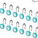 Sunlit Luxury Design Round Teal Blue Diamond Crystal Gem Bling with Glide Balls Shower Curtain Hooks for Mermaid Shower Curtains, Rust Proof Metal Rhinestones Glam Shower Curtain Rings-12 Pack