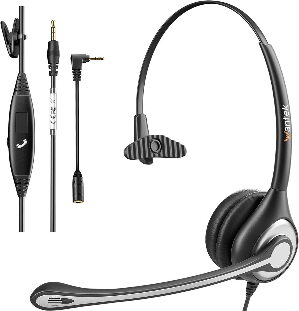 Wantek Cell Phone Headset Mono with Noise Canceling Mic, Wired Computer Headphone for iPhone Samsung Huawei HTC LG ZTE BlackBerry Smartphones and Laptop PC Mac Tablet with 3.5mm Jack(F600J35) (600J35-W-A3)