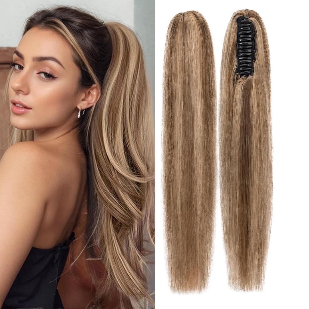 Rich Choices Claw Clip Ponytail Extension Human Hair #4P27 Medium Brown Highlighted Dark Blonde Real Hair Ponytail Balayage 18 Inch Clip In Long Ponytail Hair Extension For Women 110g One Piece