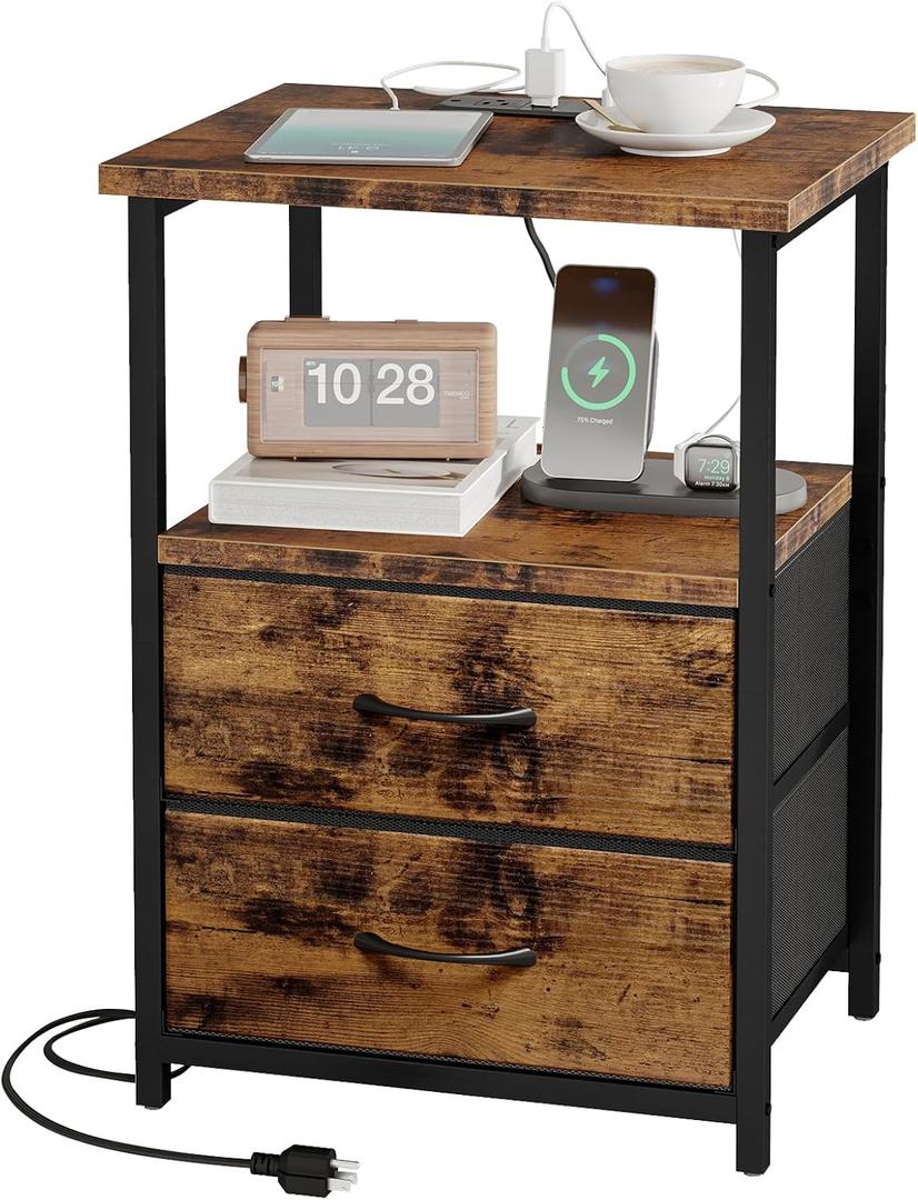 Fixwal Night Stand with Charging Station, Nightstand with Fabric Drawers, Bedside Table with Storage for Bedroom, Rustic Brown